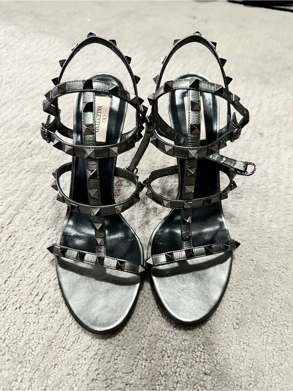 Valentino Garavani Metallic Silver Rockstud Strappy Heels